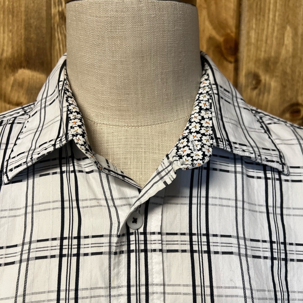 Men’s Bugatchi Large White Black Plaid Long Sleeve Button Up Floral Cotton Shirt - Picture 3 of 10